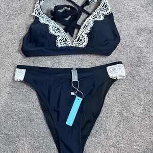 Chic Black and White Lace Trim Bikini